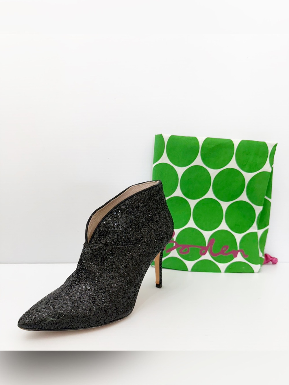 BODEN Sexy Ankle Heel BOOTIE Black GLITTER Sparkle Boots EURO 37 WOMENS 7